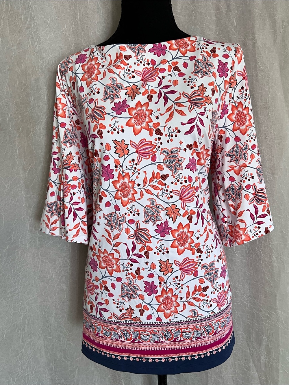 Charter Club Floral Boatneck top in Coral & Pink quarter sleeve